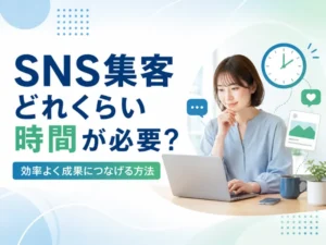 SNS集客はどれくらい時間が必要かを問う情報画像。効率的な成果につなげる方法を示すビジュアル。本文は日本語。
