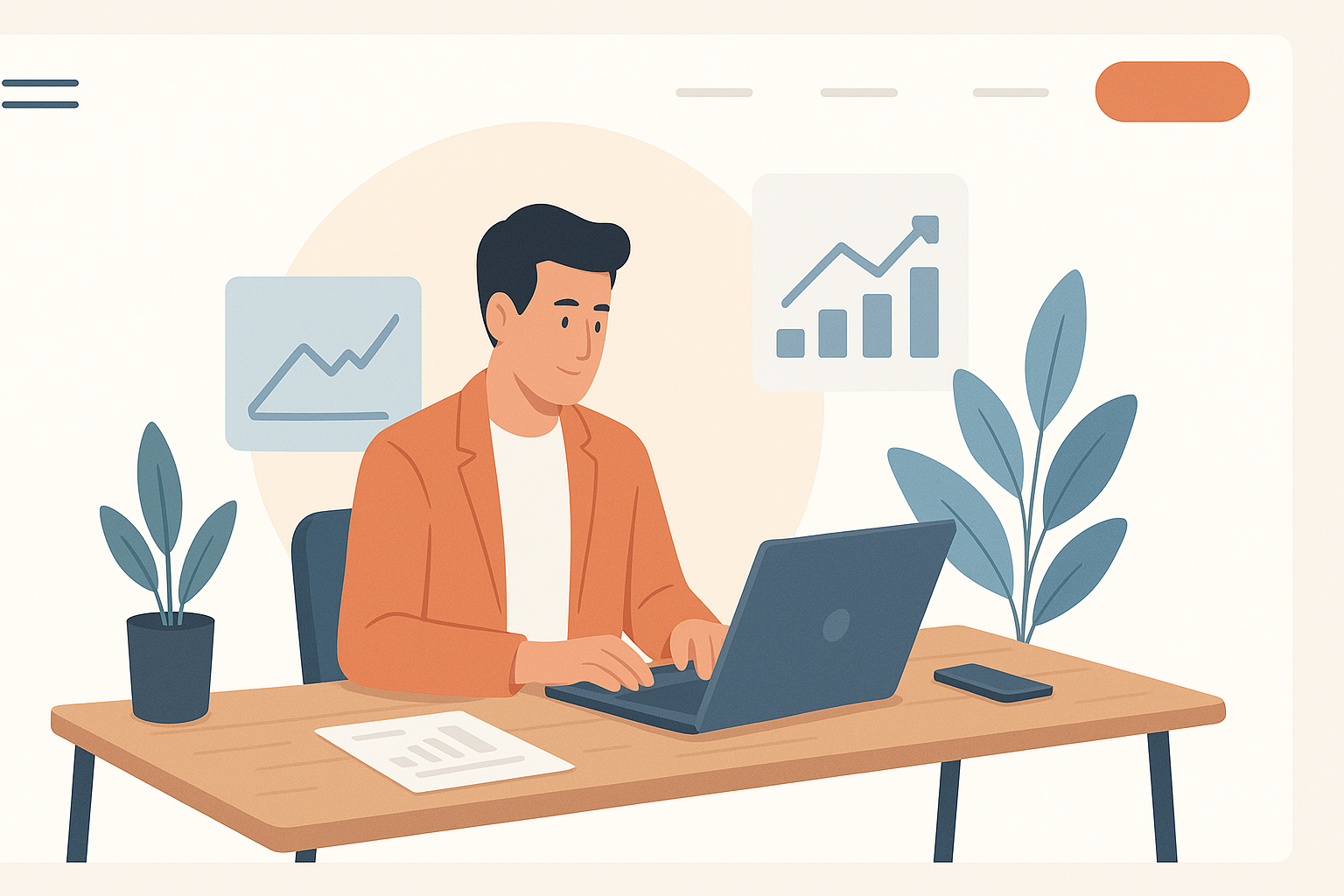 A man in an orange blazer sits at a wooden desk, typing on a laptop with chart graphs on the wall behind him and two potted plants nearby.